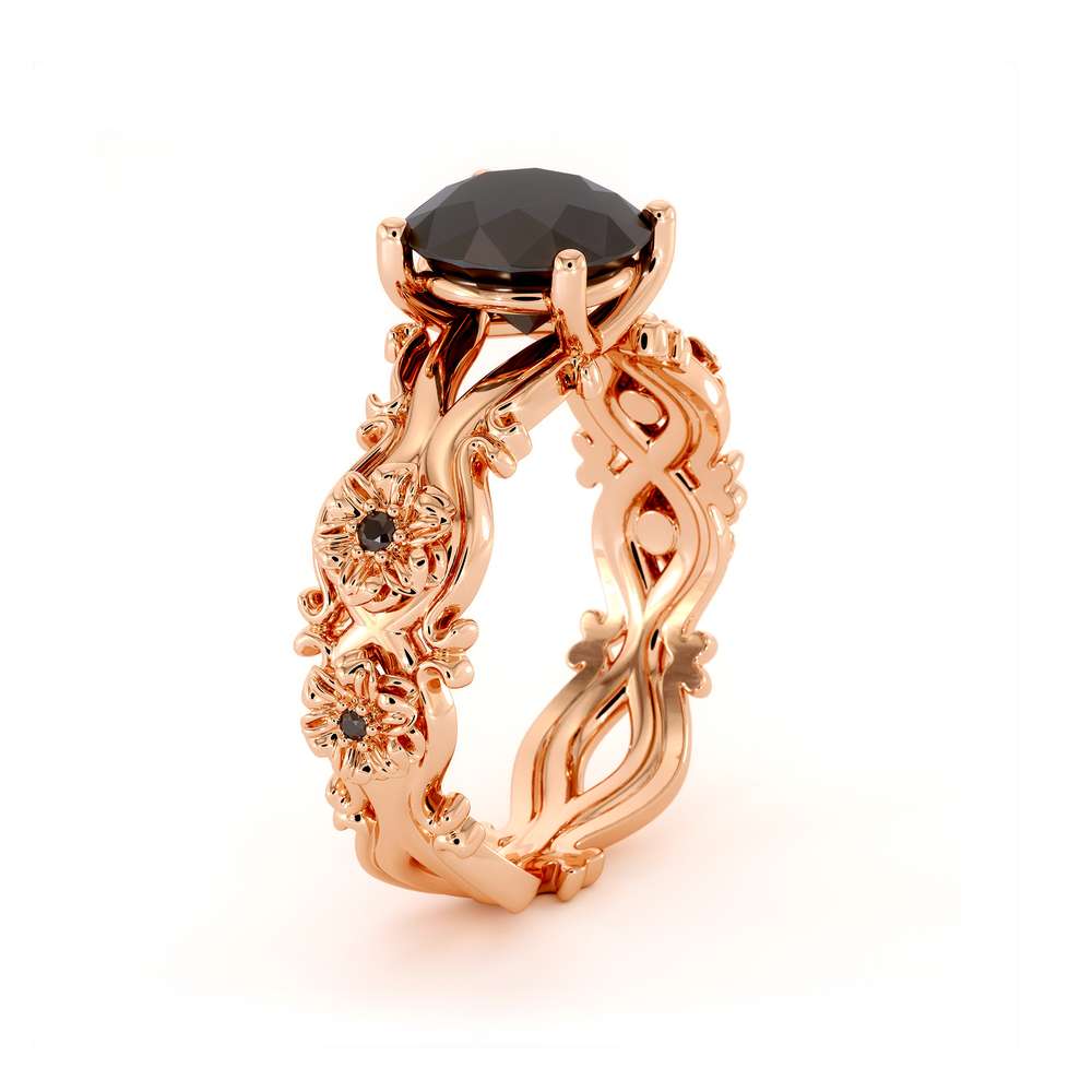 Black Diamond Engagement Ring 14K Rose Gold Ring Leaf Engagement Ring